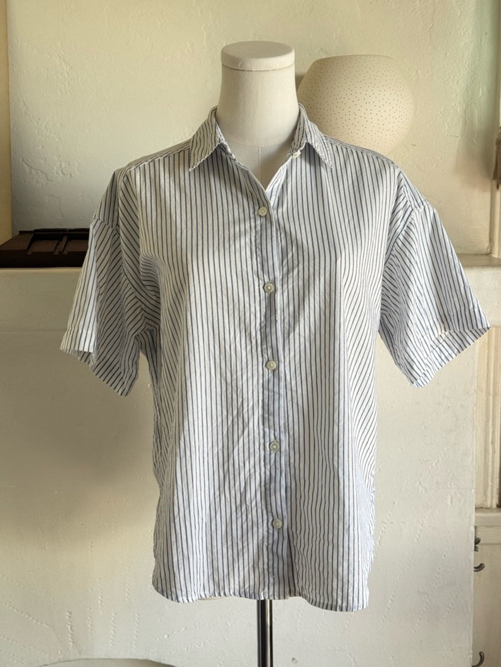 Alex Mill Blue White Stripe Cotton Button Down Shirt Small Relaxed Short Sleeve